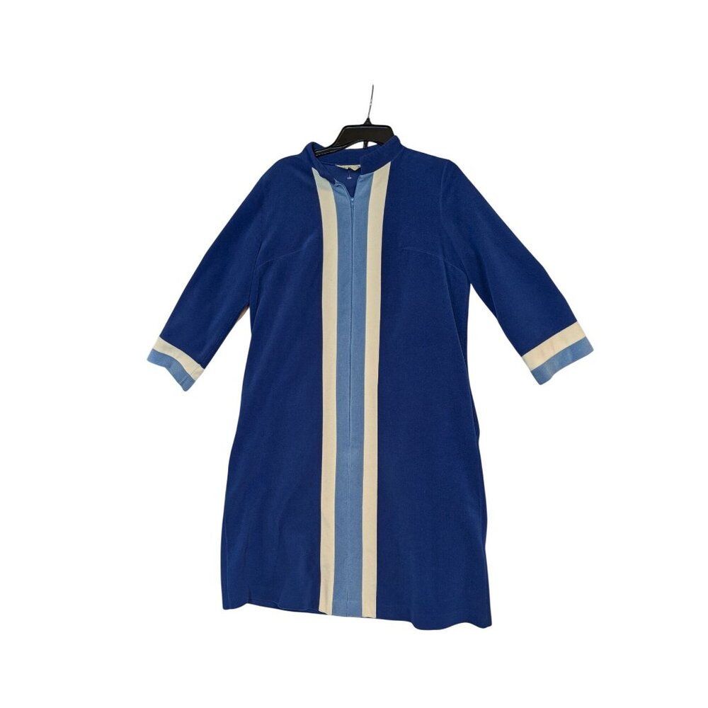 Vintage Vanity Fair Womens Blue Housecoat W/ Cream & Light Blue Stripes 3/4 Slee